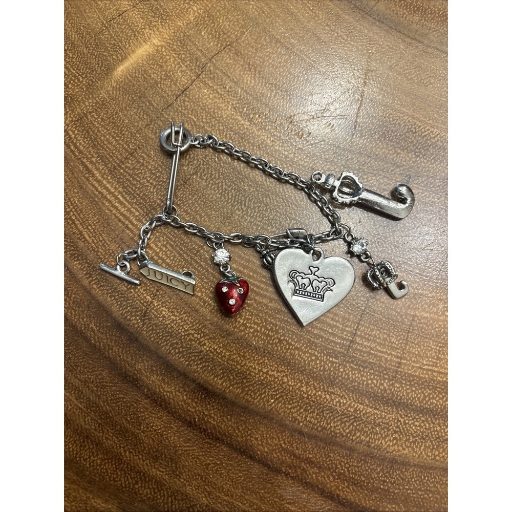 Juicy Couture Vintage Y2K Charm Bracelet Silver Strawberry Heart Safety Pin‎ 7in